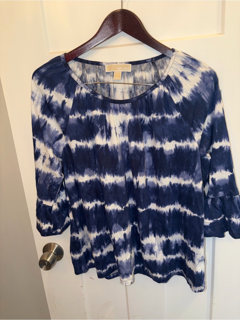 NWOT Michael Kors Navy and White Tie-Dye Long Sleeve Crewneck Top